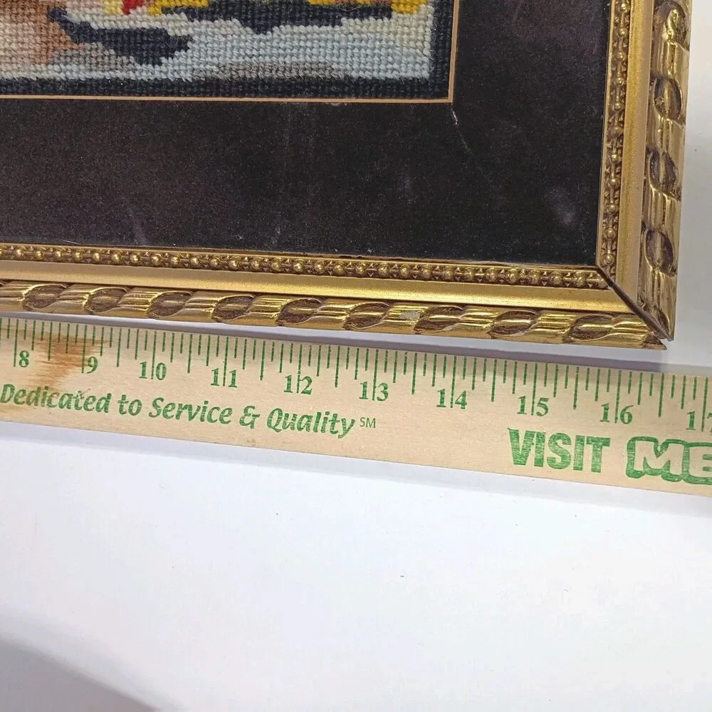 Vintage Judaica Needlepoint Rabbi Torah Gold Framed Wall Art Velvet Matte